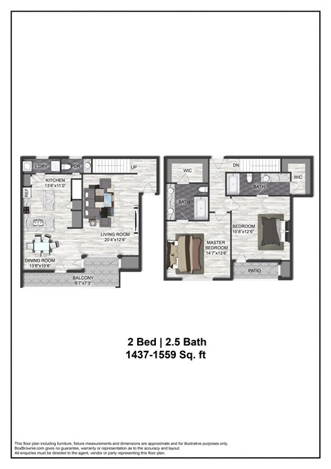 Floor plan for 2 beds, 2.5 baths, 1552 sqft